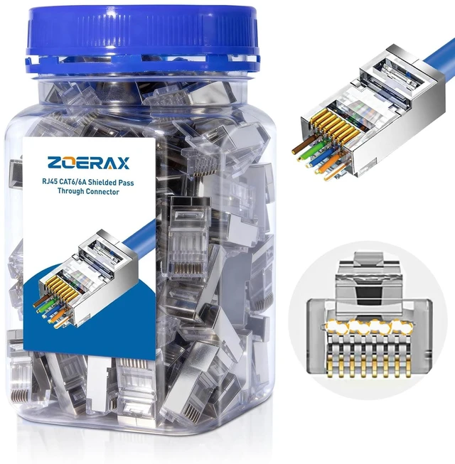 Main image of 100-Pack Cat 6A RJ45 Pass Through Connector, Cat 6 RJ45 Connector Wire OD 1.20mm Ethernet Ends/Shielded RJ45 Connector for Solid or Stranded FTP/STP Cable