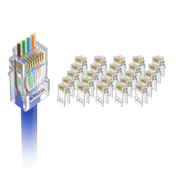 Main image of Cat6 RJ45 Pass Through Connectors, Gold Plated 8P8C, UL Listed, 25Pcs 3 Prong Cat 6 Modular Plugs, Network Ethernet Ends, Up to 10Gbps Supports 24-26AWG Solid or Stranded UTP Cable and PoE