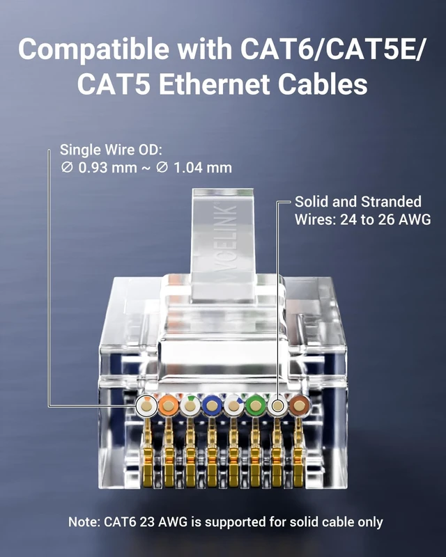 Alt view image 4 of 7 - Cat6 RJ45 Pass Through Connectors, Gold Plated 8P8C, UL Listed, 25Pcs 3 Prong Cat 6 Modular Plugs, Network Ethernet Ends, Up to 10Gbps Supports 24-26AWG Solid or Stranded UTP Cable and PoE