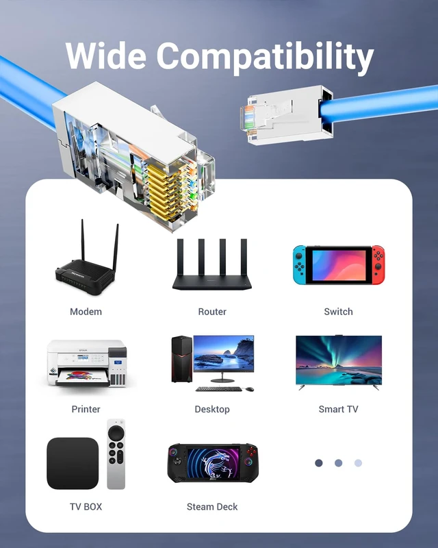 Alt view image 3 of 7 - Cat6 Shielded RJ45 Pass Through Connectors 100-Pack, 24-26 AWG, STP/FTP 3 Prong Gold Plated 8P8C Modular Plug, Compatible with 24-26 AWG Solid or Stranded STP/FTP Network Cable and PoE