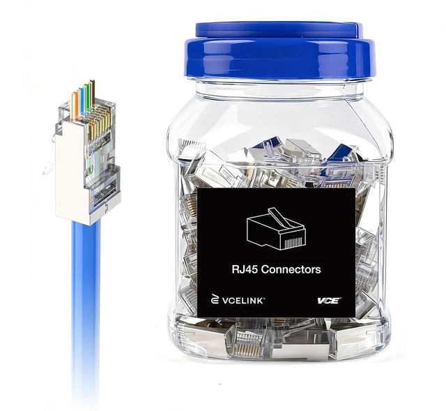 Main image of Cat6 Shielded RJ45 Pass Through Connectors 100-Pack, 24-26 AWG, STP/FTP 3 Prong Gold Plated 8P8C Modular Plug, Compatible with 24-26 AWG Solid or Stranded STP/FTP Network Cable and PoE