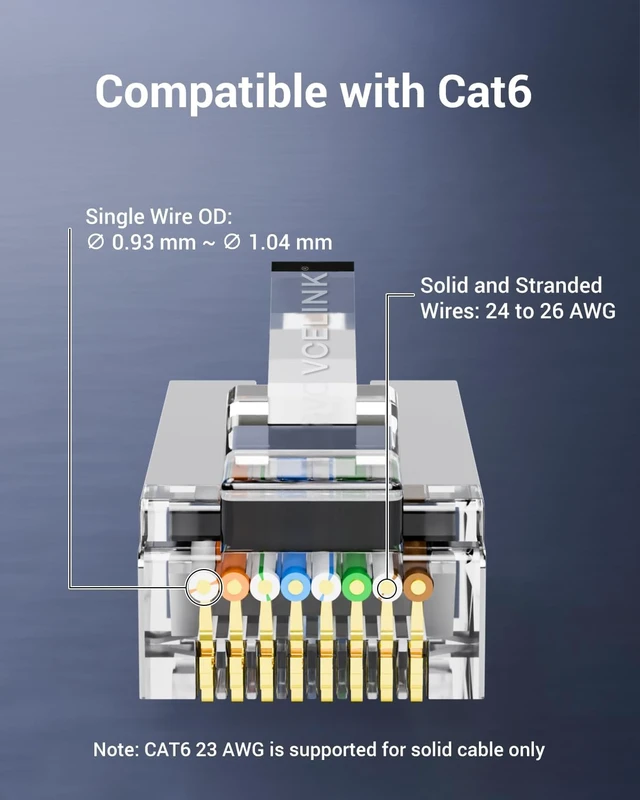 Alt view image 2 of 7 - Cat6 Shielded RJ45 Pass Through Connectors 100-Pack, 24-26 AWG, STP/FTP 3 Prong Gold Plated 8P8C Modular Plug, Compatible with 24-26 AWG Solid or Stranded STP/FTP Network Cable and PoE