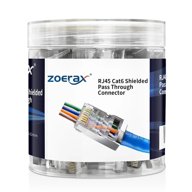 Main image of 100-Pack RJ45 Cat6 Pass Through Connector Shielded RJ45 Modular Plugs, for Solid or Stranded FTP/STP Ethernet Cable