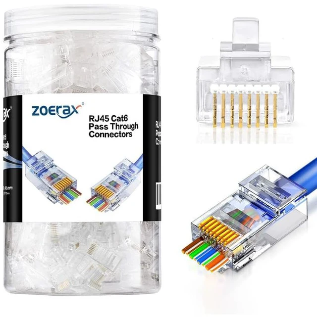 Main image of 200-Pack RJ45 Cat6 Pass Through Connector, RJ45 Modular Plugs for Solid or Stranded UTP Cable