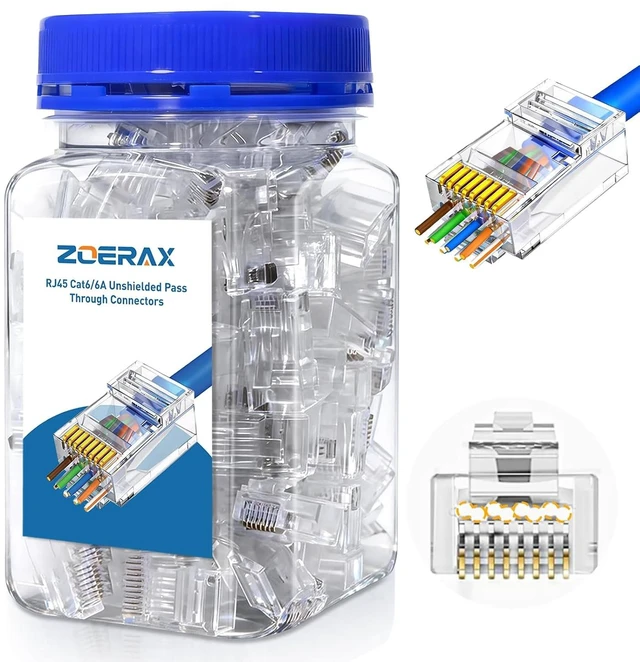 Main image of 100-Pack Cat6A RJ45 Pass Through UTP Connectors Unshielded, 1.20mm Wire OD, for Solid/Stranded UTP Cable, Cat6/Cat6A Ethernet Ends, Durable Network Plugs
