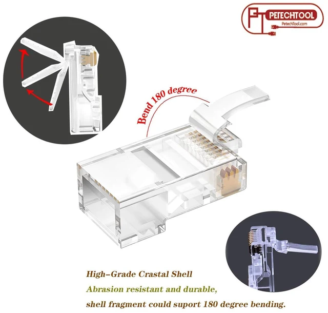 Alt view image 3 of 5 - RJ45 23AWG Cat6a Cat6 Large Connector Gold Plated 8P8C Pass Through Plug UTP Network Ends for Unshielded Twisted Pair Solid Wire & Standard Cables | Transparent Passthrough Ethernet Insert(50Packs)