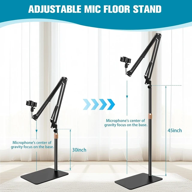Alt view image 4 of 7 - Mic Stand Floor Boom Arm for Studio, Podcast, Recording, Streaming, Included Tray & Microphone Holder, Space-saving 5.5 lbs Base, Adjutable Height 30"70", Compatible with Yeti, SM58, QuadCast