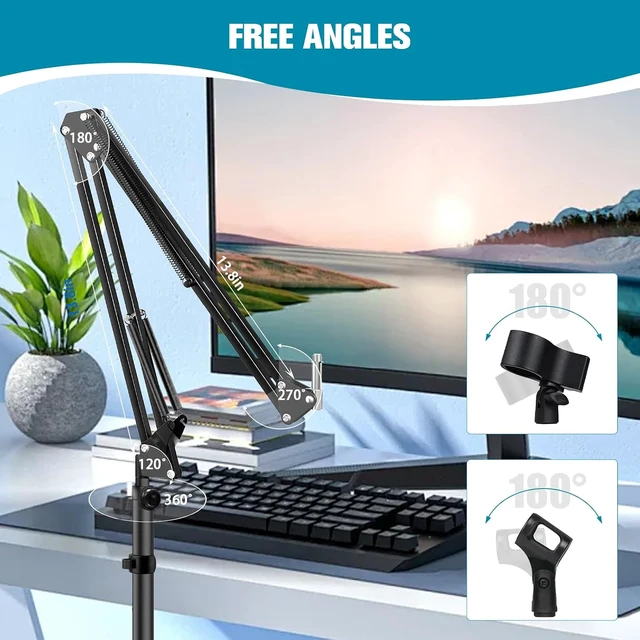 Alt view image 5 of 7 - Mic Stand Floor Boom Arm for Studio, Podcast, Recording, Streaming, Included Tray & Microphone Holder, Space-saving 5.5 lbs Base, Adjutable Height 30"70", Compatible with Yeti, SM58, QuadCast