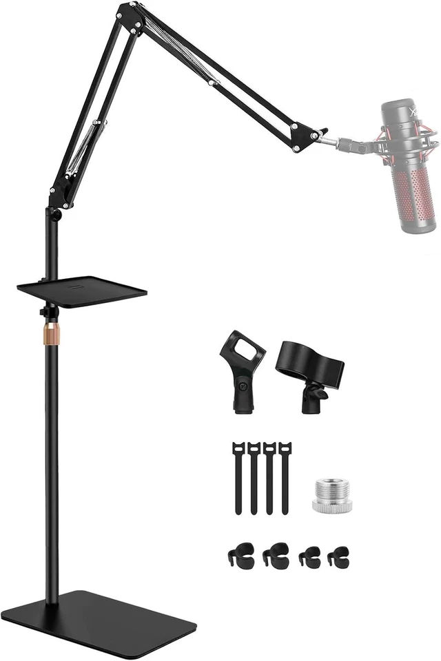 Main image of Mic Stand Floor Boom Arm for Studio, Podcast, Recording, Streaming, Included Tray & Microphone Holder, Space-saving 5.5 lbs Base, Adjutable Height 30"70", Compatible with Yeti, SM58, QuadCast