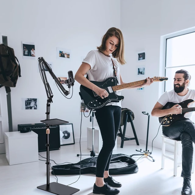 Alt view image 3 of 7 - Mic Stand Floor Boom Arm for Studio, Podcast, Recording, Streaming, Included Tray & Microphone Holder, Space-saving 5.5 lbs Base, Adjutable Height 30"70", Compatible with Yeti, SM58, QuadCast