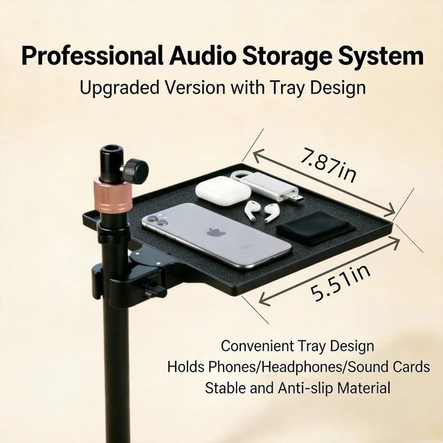 Alt view image 4 of 7 - Mic Stand Floor Boom Arm with 5.5lb Weighted Base & Tray, Podcast Mic Stand, Carbon Steel Construction, 2 Mic Clips, 3/8 to 5/8 Adapter, Podcast Streaming Recording