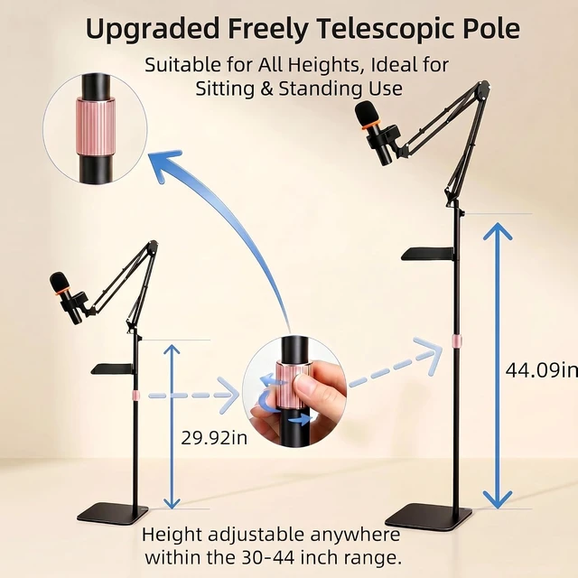 Alt view image 2 of 7 - Mic Stand Floor Boom Arm with 5.5lb Weighted Base & Tray, Podcast Mic Stand, Carbon Steel Construction, 2 Mic Clips, 3/8 to 5/8 Adapter, Podcast Streaming Recording