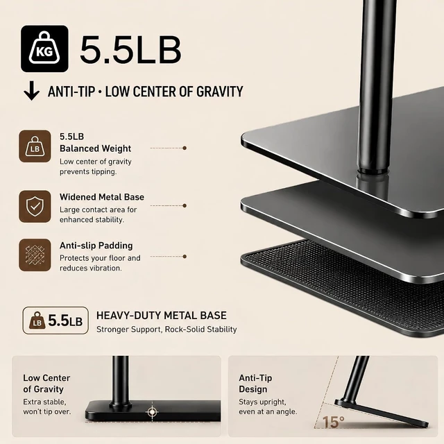 Alt view image 6 of 7 - Mic Stand Floor Boom Arm with 5.5lb Weighted Base & Tray, Podcast Mic Stand, Carbon Steel Construction, 2 Mic Clips, 3/8 to 5/8 Adapter, Podcast Streaming Recording