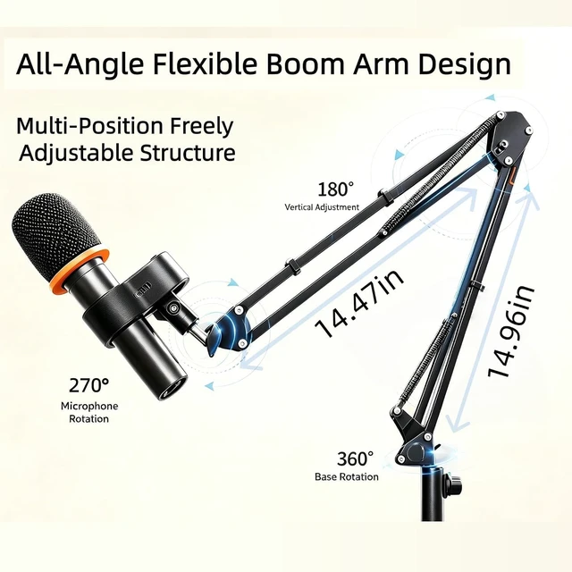 Alt view image 7 of 7 - Mic Stand Floor Boom Arm with 5.5lb Weighted Base & Tray, Podcast Mic Stand, Carbon Steel Construction, 2 Mic Clips, 3/8 to 5/8 Adapter, Podcast Streaming Recording