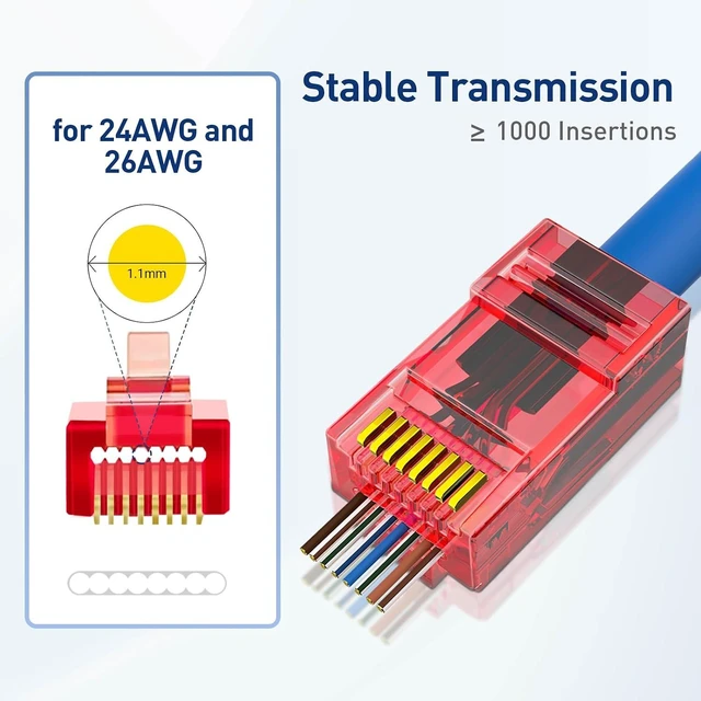 Alt view image 2 of 7 - Cat5e Cat6 RJ45 Pass Through Connectors & Strain Relief Boots 100-Pack (100 Connectors + 100 Boots) - EZ Crimp Modular Plugs for Solid/Stranded UTP Ethernet Network Cables