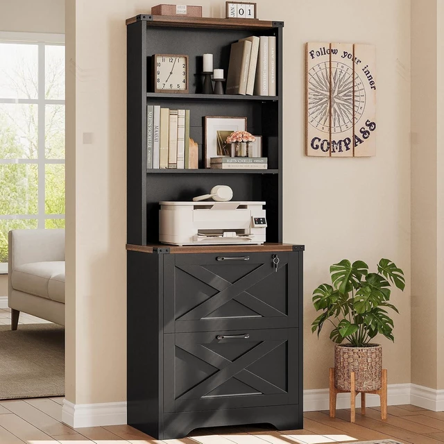 Main image of 2 Drawer File Cabinet with Lock fits Legal/Letter/A4 Size, Wood Farmhouse Filing Cabinet for Home Office with Storage Shelf, Printer Stand, Easy Assembly, Black