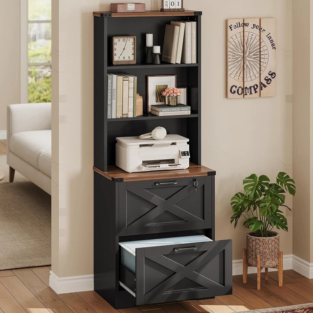 Alt view image 6 of 6 - 2 Drawer File Cabinet with Lock fits Legal/Letter/A4 Size, Wood Farmhouse Filing Cabinet for Home Office with Storage Shelf, Printer Stand, Easy Assembly, Black