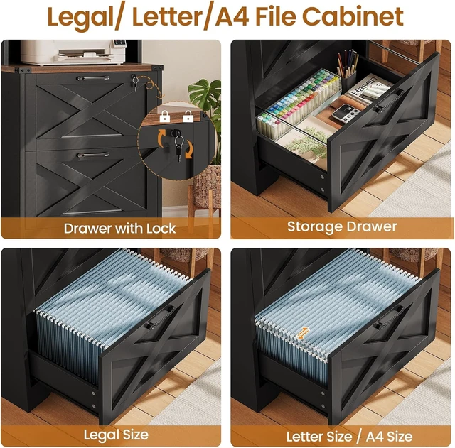 Alt view image 4 of 6 - 2 Drawer File Cabinet with Lock fits Legal/Letter/A4 Size, Wood Farmhouse Filing Cabinet for Home Office with Storage Shelf, Printer Stand, Easy Assembly, Black