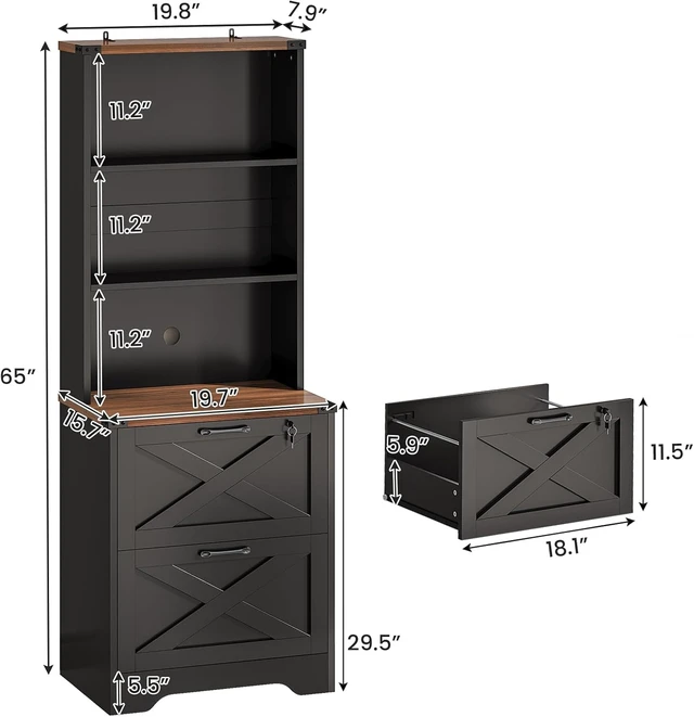 Alt view image 2 of 6 - 2 Drawer File Cabinet with Lock fits Legal/Letter/A4 Size, Wood Farmhouse Filing Cabinet for Home Office with Storage Shelf, Printer Stand, Easy Assembly, Black