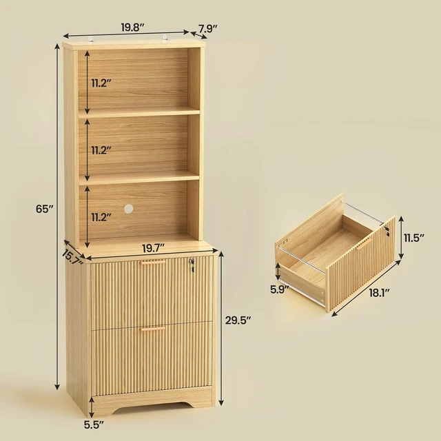 Alt view image 2 of 6 - 2 Drawer File Cabinet with Lock fits Legal/Letter/A4 Size, Wood Farmhouse Filing Cabinet for Home Office with Storage Shelf, Printer Stand, Easy Assembly, Oak
