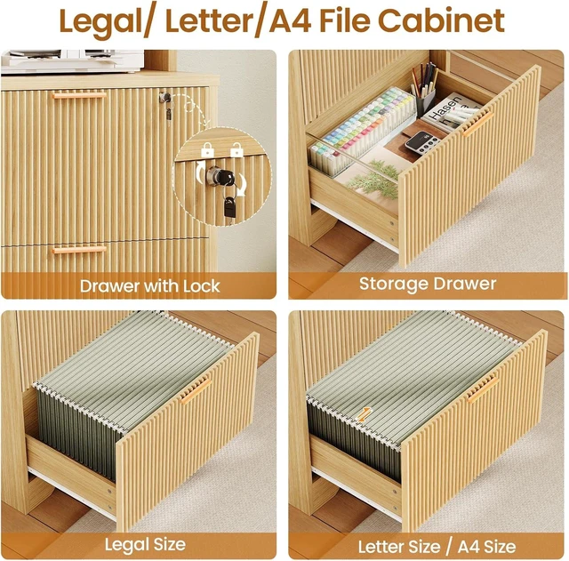 Alt view image 3 of 6 - 2 Drawer File Cabinet with Lock fits Legal/Letter/A4 Size, Wood Farmhouse Filing Cabinet for Home Office with Storage Shelf, Printer Stand, Easy Assembly, Oak