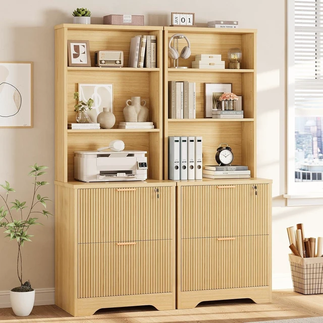 Alt view image 5 of 6 - 2 Drawer File Cabinet with Lock fits Legal/Letter/A4 Size, Wood Farmhouse Filing Cabinet for Home Office with Storage Shelf, Printer Stand, Easy Assembly, Oak