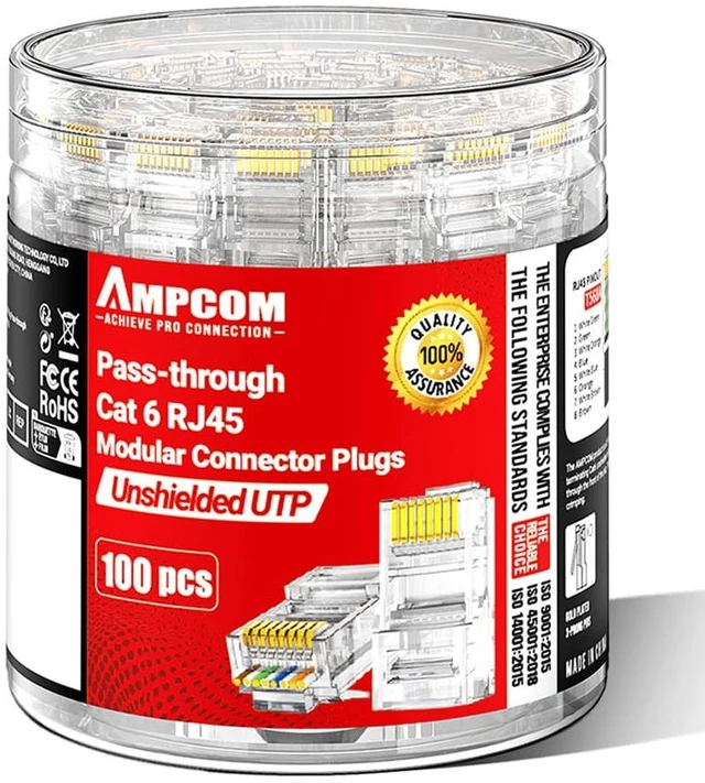 Main image of CAT6 RJ45 Pass-Through Connectors 100-Pack Gold-Plated, 23-26AWG UTP, 3-prong Contacts, Gigabit 1000Mbps, for DIY and Pro Engineer, Feed Through, Durable, 1.1mm Cable Hole