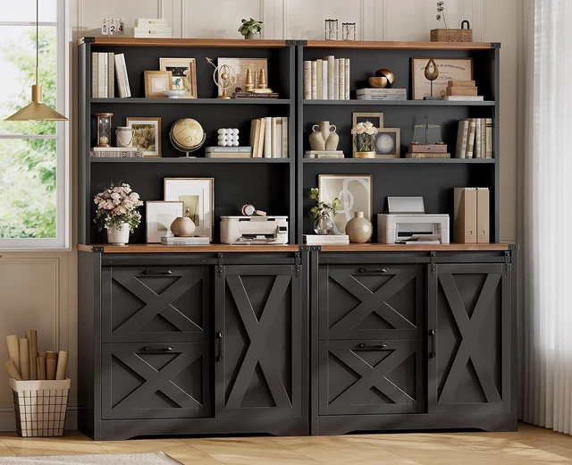 Alt view image 6 of 7 - 2 Drawer Filing Cabinet for Home Office with Sliding Barn Door, Farmhouse File Cabinet fits Legal/Letter/A4 File, Office File Cabinets with Printer Stand and Storage Bookshelf, Black