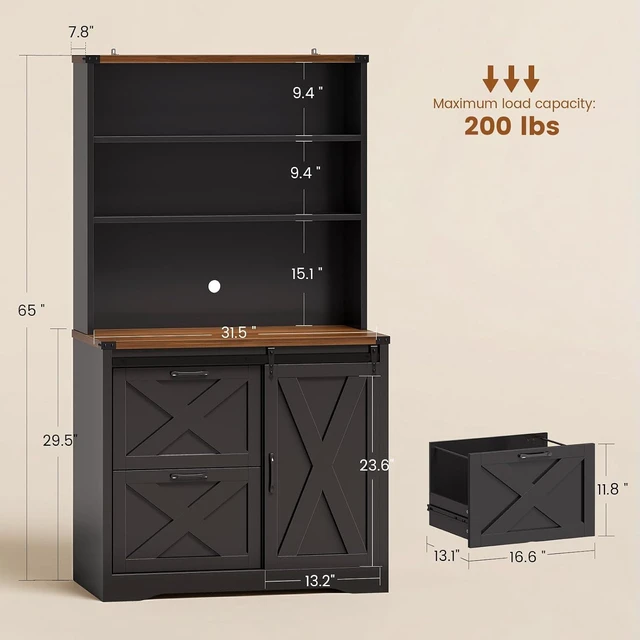 Alt view image 2 of 7 - 2 Drawer Filing Cabinet for Home Office with Sliding Barn Door, Farmhouse File Cabinet fits Legal/Letter/A4 File, Office File Cabinets with Printer Stand and Storage Bookshelf, Black
