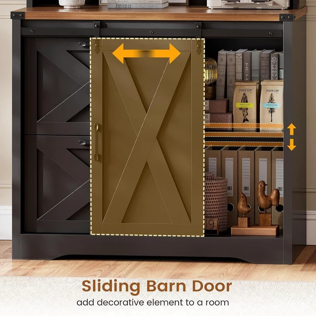 Alt view image 3 of 7 - 2 Drawer Filing Cabinet for Home Office with Sliding Barn Door, Farmhouse File Cabinet fits Legal/Letter/A4 File, Office File Cabinets with Printer Stand and Storage Bookshelf, Black