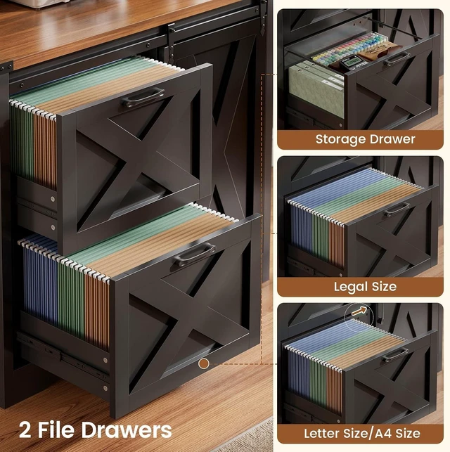 Alt view image 7 of 7 - 2 Drawer Filing Cabinet for Home Office with Sliding Barn Door, Farmhouse File Cabinet fits Legal/Letter/A4 File, Office File Cabinets with Printer Stand and Storage Bookshelf, Black