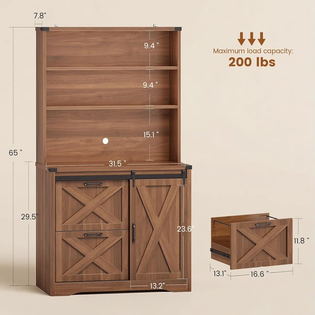 Alt view image 2 of 6 - 2 Drawer Filing Cabinet for Home Office with Sliding Barn Door, Farmhouse File Cabinet fits Legal/Letter/A4 File, Office File Cabinets with Printer Stand and Storage Bookshelf, Brown