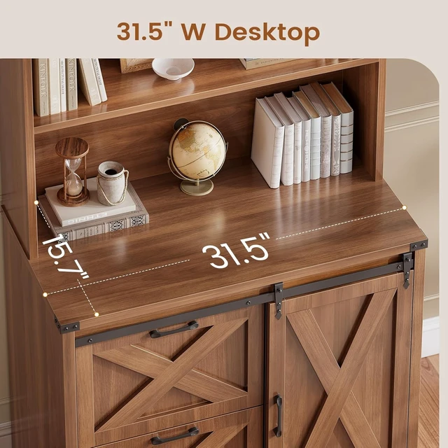 Alt view image 6 of 6 - 2 Drawer Filing Cabinet for Home Office with Sliding Barn Door, Farmhouse File Cabinet fits Legal/Letter/A4 File, Office File Cabinets with Printer Stand and Storage Bookshelf, Brown