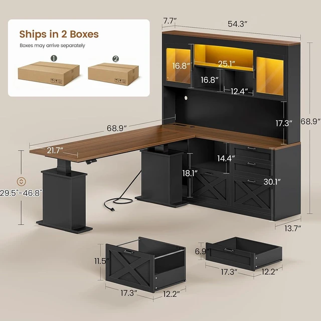 Alt view image 2 of 7 - 69" L Shaped Gaming Standing Desk with 4 Drawers, Storage Bookshelf, Farmhouse Height Adjustable Office Desk with Storage Shelves, LED Lights, Power Outlet for Home Office & Gaming