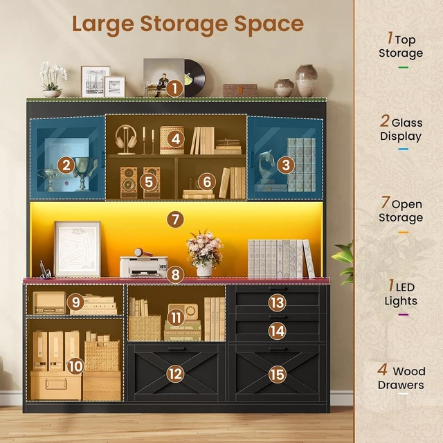 Alt view image 3 of 7 - 69" L Shaped Gaming Standing Desk with 4 Drawers, Storage Bookshelf, Farmhouse Height Adjustable Office Desk with Storage Shelves, LED Lights, Power Outlet for Home Office & Gaming