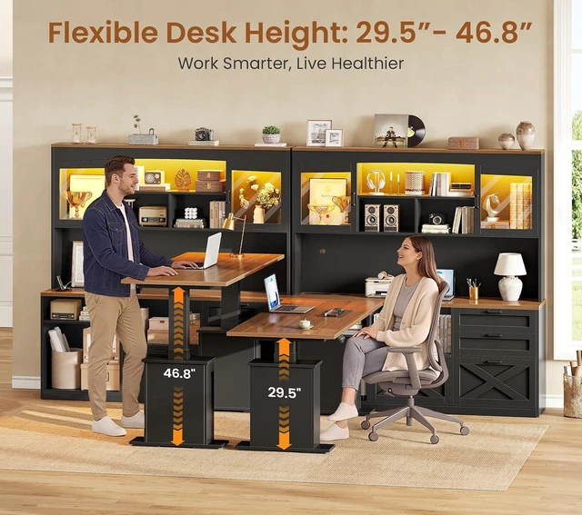 Alt view image 7 of 7 - 69" L Shaped Gaming Standing Desk with 4 Drawers, Storage Bookshelf, Farmhouse Height Adjustable Office Desk with Storage Shelves, LED Lights, Power Outlet for Home Office & Gaming