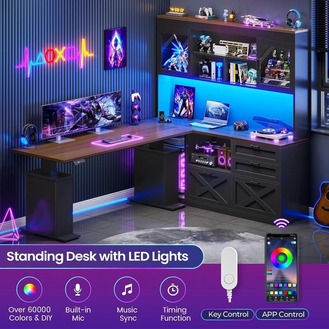 Alt view image 6 of 7 - 69" L Shaped Gaming Standing Desk with 4 Drawers, Storage Bookshelf, Farmhouse Height Adjustable Office Desk with Storage Shelves, LED Lights, Power Outlet for Home Office & Gaming