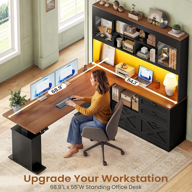 Alt view image 5 of 7 - 69" L Shaped Gaming Standing Desk with 4 Drawers, Storage Bookshelf, Farmhouse Height Adjustable Office Desk with Storage Shelves, LED Lights, Power Outlet for Home Office & Gaming