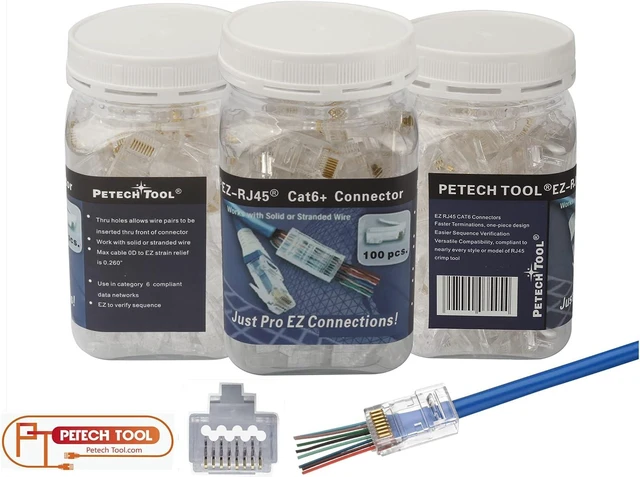 Alt view image 2 of 6 - 100 Pack RJ45 CAT6A CAT6 Pass Through Connectors 23AWG Cables-End Bold UTP Ethernet 8P8C Gold Plated Modular Plug for Unshielded Twisted Pair Solid Wire Standard Cables