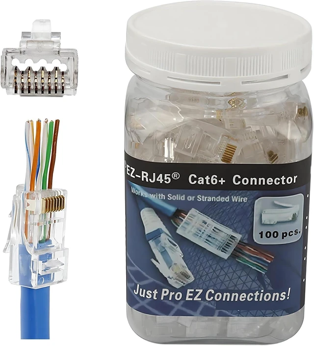 Main image of 100 Pack RJ45 CAT6A CAT6 Pass Through Connectors 23AWG Cables-End Bold UTP Ethernet 8P8C Gold Plated Modular Plug for Unshielded Twisted Pair Solid Wire Standard Cables