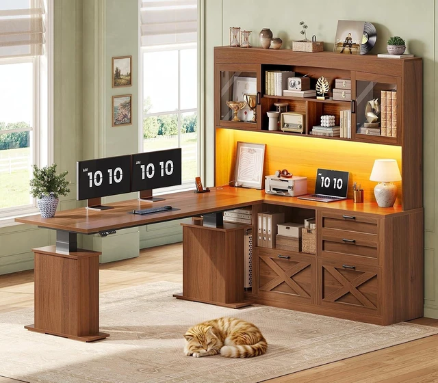 Main image of 69" L Shaped Gaming Standing Desk with 4 Drawers, Storage Bookshelf, Farmhouse Height Adjustable Office Desk with Storage Shelves, LED Lights, Power Outlet for Home Office & Gaming Brown