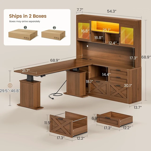 Alt view image 2 of 7 - 69" L Shaped Gaming Standing Desk with 4 Drawers, Storage Bookshelf, Farmhouse Height Adjustable Office Desk with Storage Shelves, LED Lights, Power Outlet for Home Office & Gaming Brown
