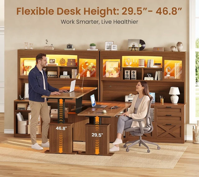 Alt view image 4 of 7 - 69" L Shaped Gaming Standing Desk with 4 Drawers, Storage Bookshelf, Farmhouse Height Adjustable Office Desk with Storage Shelves, LED Lights, Power Outlet for Home Office & Gaming Brown