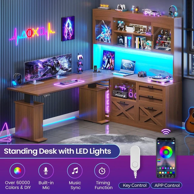Alt view image 3 of 7 - 69" L Shaped Gaming Standing Desk with 4 Drawers, Storage Bookshelf, Farmhouse Height Adjustable Office Desk with Storage Shelves, LED Lights, Power Outlet for Home Office & Gaming Brown