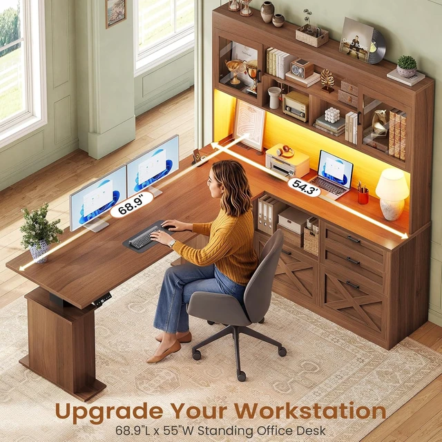 Alt view image 6 of 7 - 69" L Shaped Gaming Standing Desk with 4 Drawers, Storage Bookshelf, Farmhouse Height Adjustable Office Desk with Storage Shelves, LED Lights, Power Outlet for Home Office & Gaming Brown