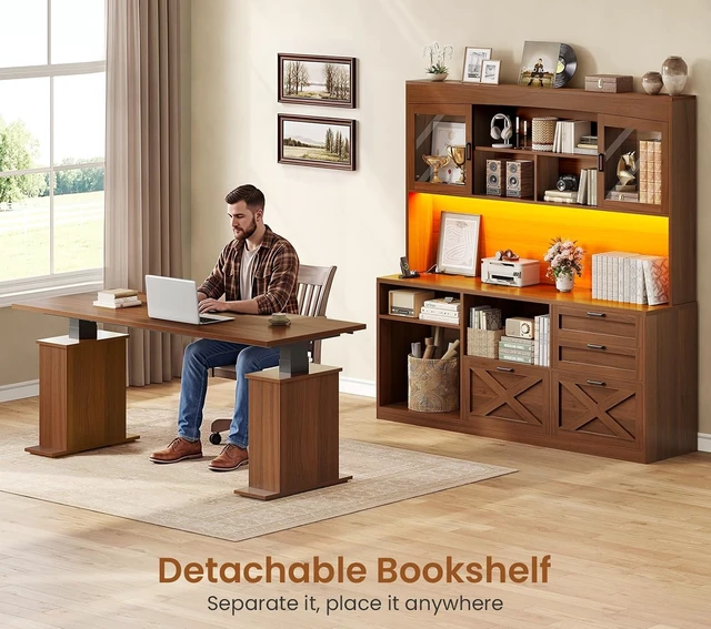 Alt view image 7 of 7 - 69" L Shaped Gaming Standing Desk with 4 Drawers, Storage Bookshelf, Farmhouse Height Adjustable Office Desk with Storage Shelves, LED Lights, Power Outlet for Home Office & Gaming Brown