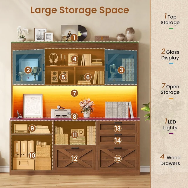 Alt view image 5 of 7 - 69" L Shaped Gaming Standing Desk with 4 Drawers, Storage Bookshelf, Farmhouse Height Adjustable Office Desk with Storage Shelves, LED Lights, Power Outlet for Home Office & Gaming Brown
