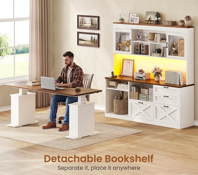 Alt view image 2 of 7 - 69" L Shaped Gaming Standing Desk with 4 Drawers, Storage Bookshelf, Farmhouse Height Adjustable Office Desk with Storage Shelves, LED Lights, Power Outlet for Home Office & Gaming