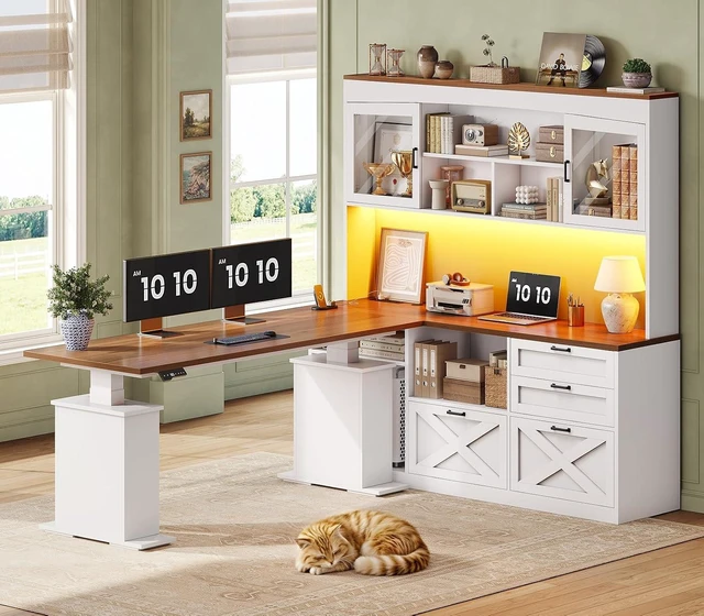 Main image of 69" L Shaped Gaming Standing Desk with 4 Drawers, Storage Bookshelf, Farmhouse Height Adjustable Office Desk with Storage Shelves, LED Lights, Power Outlet for Home Office & Gaming
