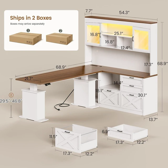 Alt view image 3 of 7 - 69" L Shaped Gaming Standing Desk with 4 Drawers, Storage Bookshelf, Farmhouse Height Adjustable Office Desk with Storage Shelves, LED Lights, Power Outlet for Home Office & Gaming